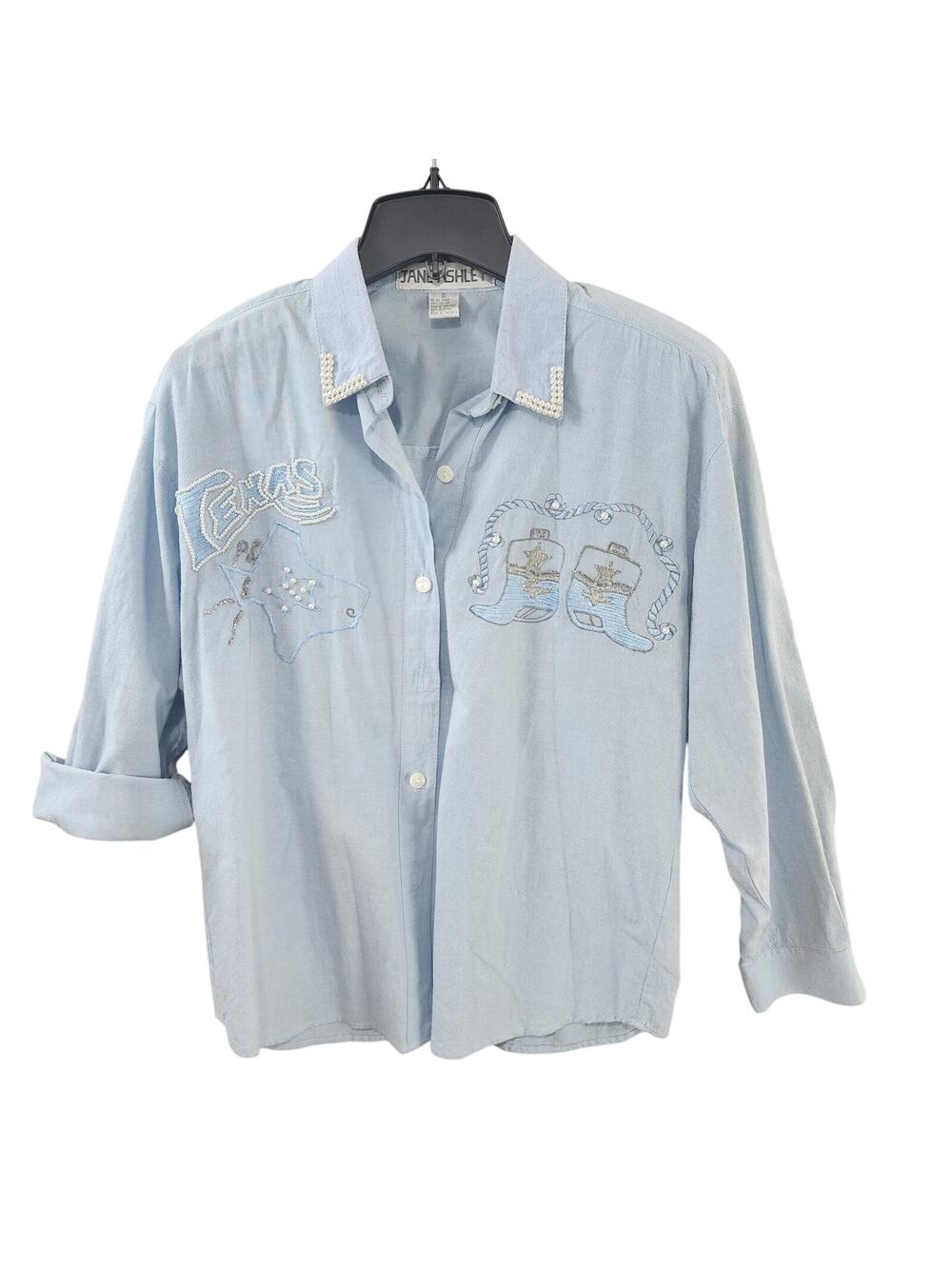 Jane Ashley Texas Western Shirt Women Small Lt Blue Embroidered Cowboy Boots